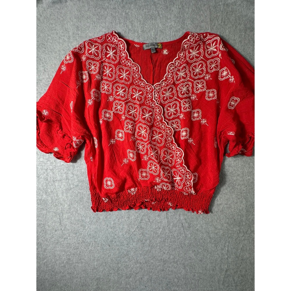 Figueroa & Flower Red Embroidered Smocked Hem V-Neck Blouse XL JON114E24
